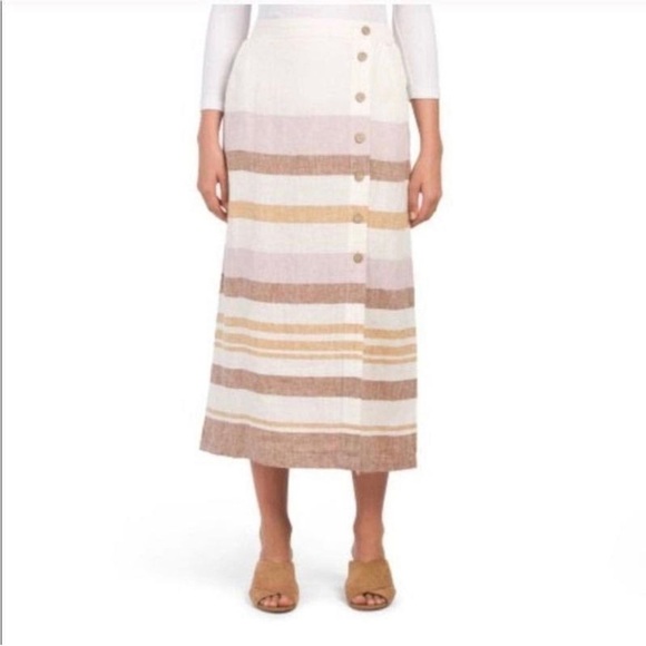 Rachel Zoe Dresses & Skirts - Rachel Zoe Women’s White Pink & Tan Striped 100% Linen Button Front Skirt Size S